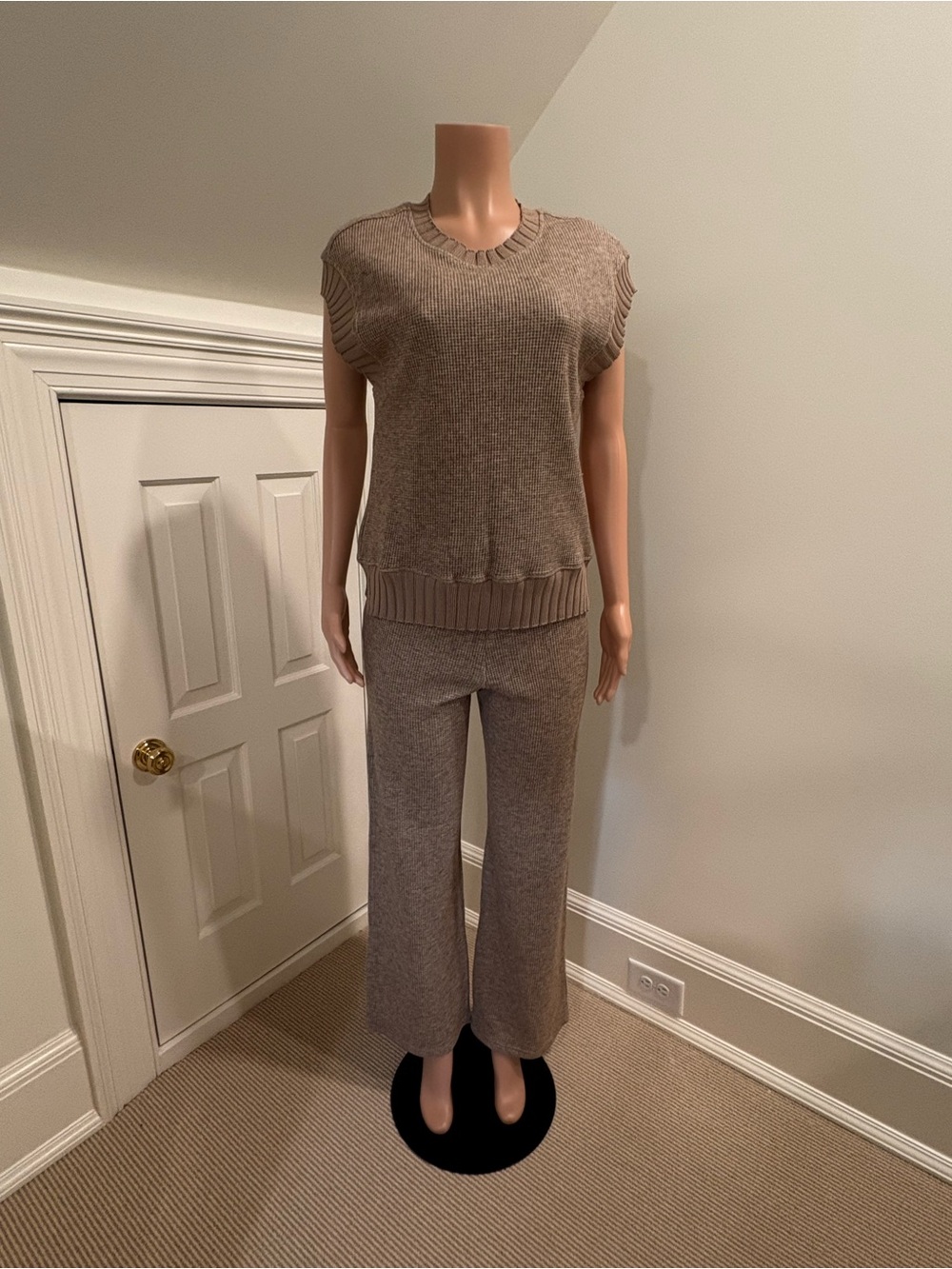 sundays Taupe Knit Wide-Leg Pants with Sleeveless Top